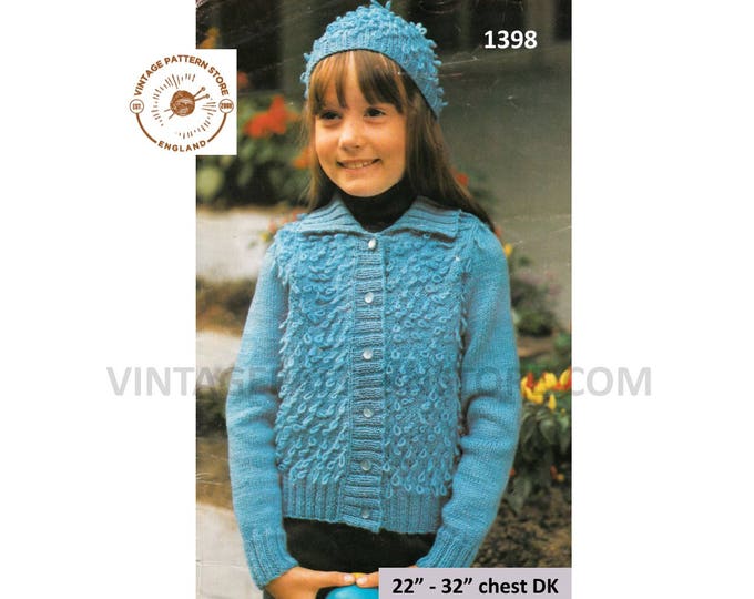 Girls 70s vintage round neck collared loopy loop stitch raglan jacket coat and hat pdf knitting pattern 22" to 32" PDF Download 1398