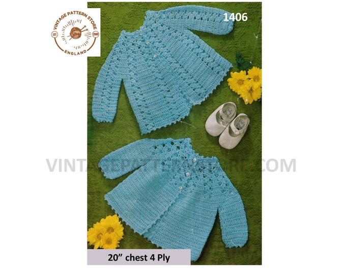Baby Babies 70s vintage 4 ply picot edge round neck raglan matinee coat jacket cardigan pdf crochet pattern 20" chest Instant download 1406