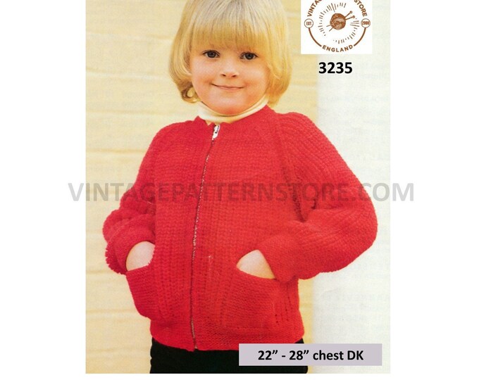 Boys Girls 70s vintage easy to knit DK round neck zipped zip up raglan jacket cardigan pdf knitting pattern 22 to 28 chest PDF download 3235