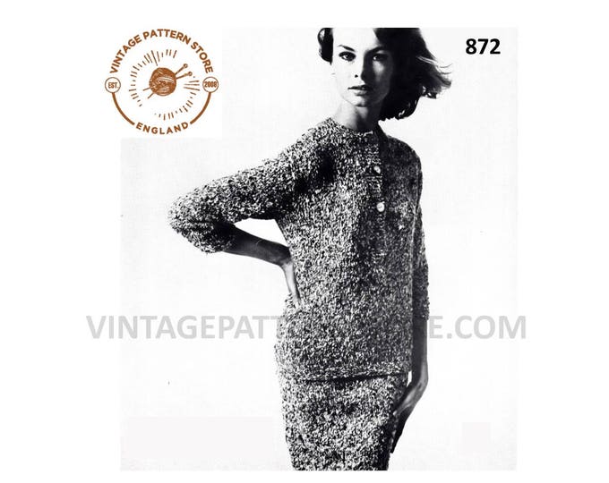 Ladies Womens 60s vintage shirt neck raglan aran sweater jumper & skirt pdf knitting pattern 34" to 38" chest Instant PDF download 872