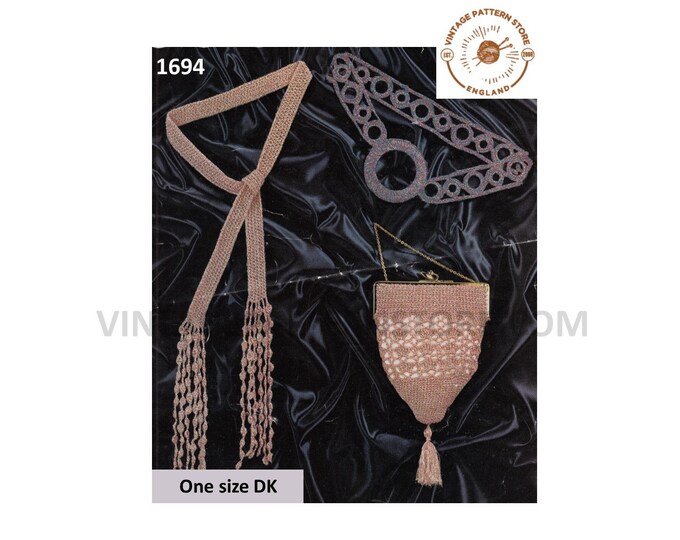 Womens Ladies crochet ring belt wraparound tie off sash belt and lacy evening bag purse pdf crochet pattern Instant PDF download 1694