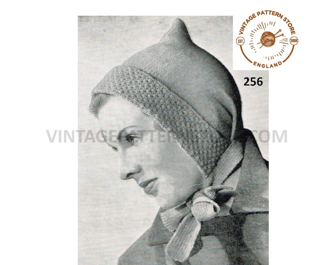 Ladies Womens 30s vintage textured edge 3 ply pixie bonnet pdf knitting pattern one size Instant PDF download 256