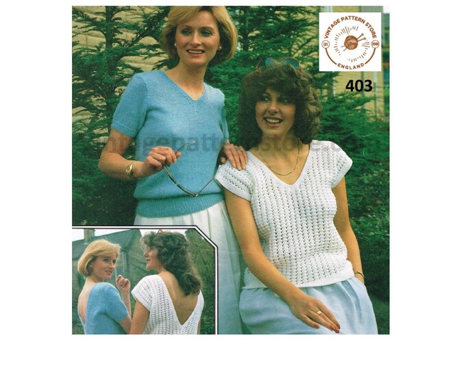Ladies Womens 80s DK V neck backless short sleeve raglan jumper & cap sleeve sweater vest pdf knitting pattern 30" to 40" Download 403