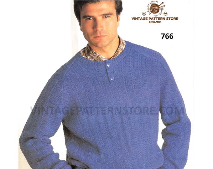 Mens Mans 90s easy to knit round shirt neck texture striped DK raglan sweater jumper pdf knitting pattern 34" to 46" chest PDF download 766