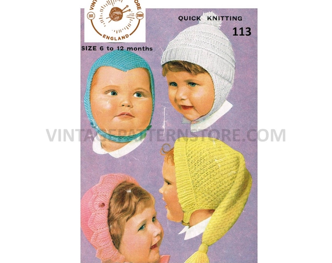 Baby Babies 60s vintage bonnet cap pixie helmet and tasseled hood pdf knitting pattern ages 6 to 12 months Instant PDF download 113