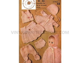 80s vintage 10" 12" 3 ply Baby Doll Clothes lacy matinee coat dress bonnet booties layette set pdf knitting pattern Instant PDF download 33