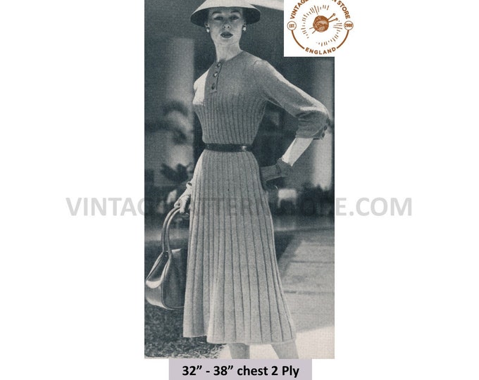 Ladies Womens 50s vintage long line shirt neck rib ribbed maxi 2 ply raglan dress pdf knitting pattern 32" to 38" bust Instant Download 3138