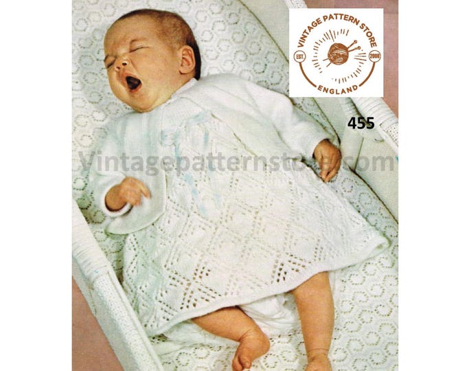 Baby Babies 60s vintage 4 ply lacy layette pram set with matinee coat jacket & dress pdf knitting pattern 18" to 20" chest PDF Download 455