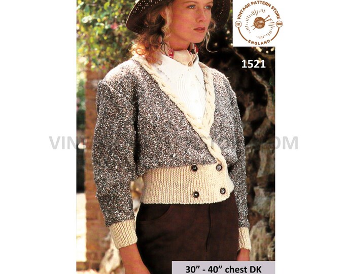 Ladies Womens 90s V neck cable edge cabled cropped crossover aran & DK raglan jacket cardigan pdf knitting pattern 30" to 40" Download 1521