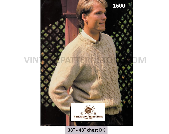 Mens Mans 90s crew neck saddle shoulder cabled cable panel DK dolman sweater jumper pdf knitting pattern 38" to 48" chest PDF Download 1600