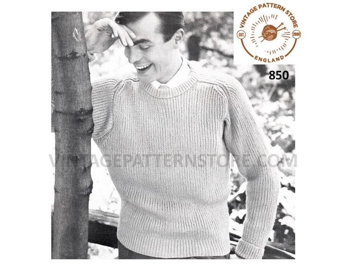 Mens Mans 50s vintage easy to knit DK crew neck raglan sweater jumper pdf knitting pattern 38" to 44" chest Instant PDF download 850