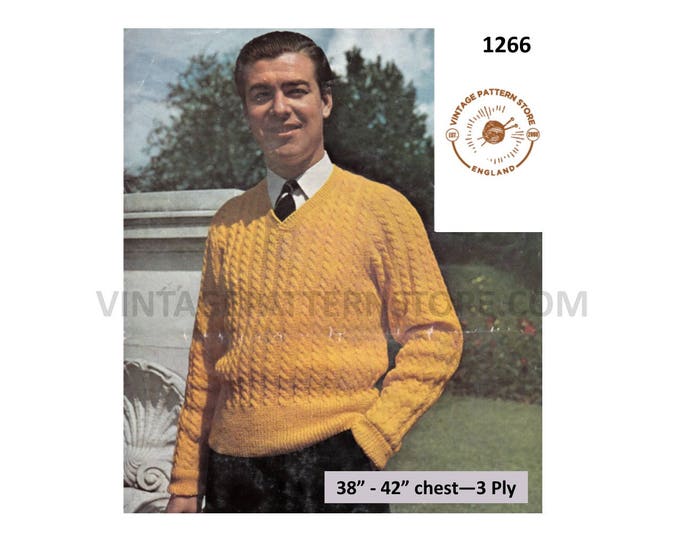 Mens Mans 60s vintage 3 ply V neck cable cabled raglan sweater jumper pdf knitting pattern 38" to 42" chest Instant PDF download 1266