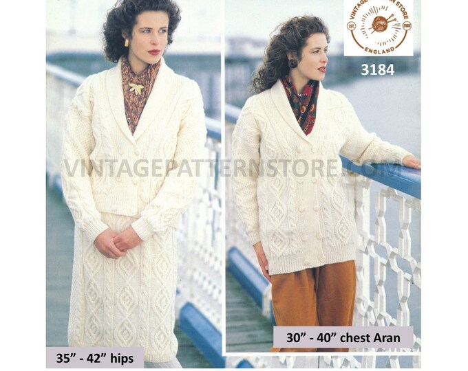 Ladies Womens 90s long line cabled double breasted V neck shawl collar aran jacket coat skirt pdf knitting pattern 30" to 40" Download 3184