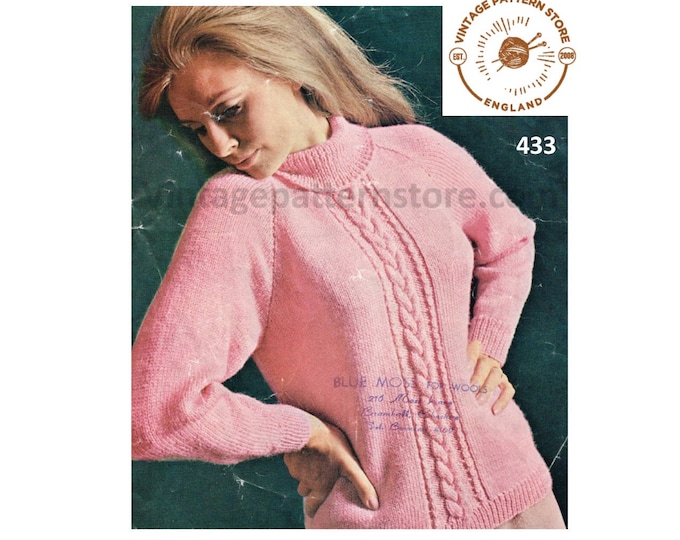 Ladies Womens 70s vintage polo neck turtleneck cabled cable panel raglan sweater jumper pdf knitting pattern 34" to 39" chest Download 433