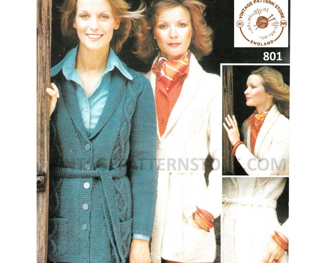 Ladies Womens 70s chunky knit V neck shawl collar cable panel belted raglan cardigan jacket pdf knitting pattern 32" to 38" Download 801