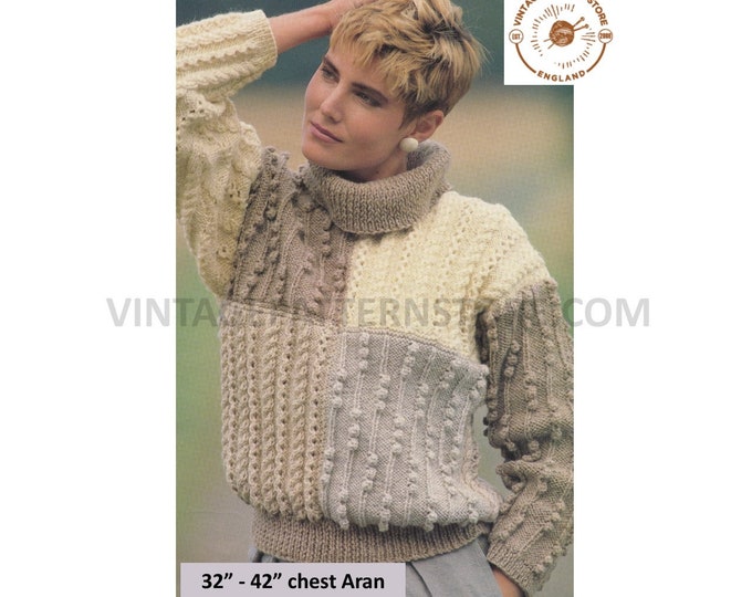 Ladies Womens 90s cowl neck bobble & cable cabled drop shoulder dolman aran sweater jumper pdf knitting pattern 32" to 42" PDF download 3206