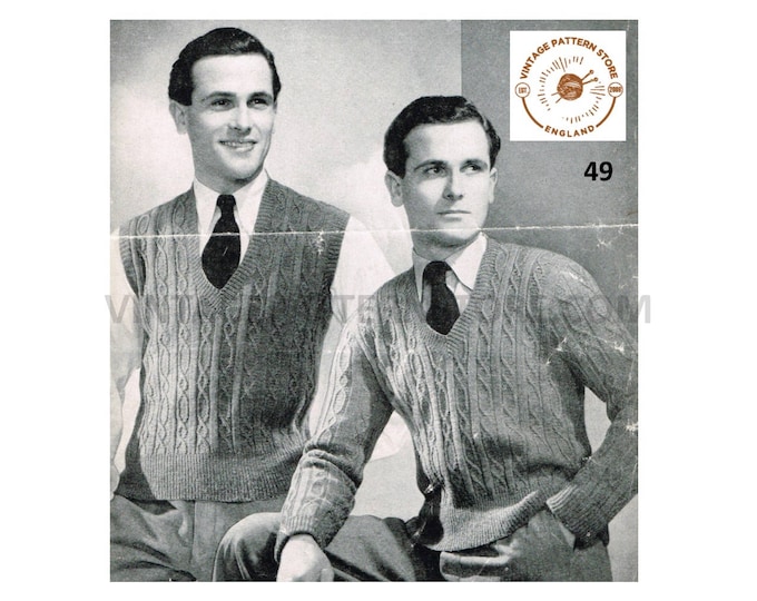 Mens Mans 50s 3 ply V neck cabled cable and rib ribbed jumper sleeveless sweater vest tank top pdf knitting pattern 40" chest Download 49