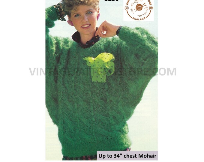 Womens 80s vintage loose fit slouchy and baggy cable cabled dolman mohair sweater jumper pdf knitting pattern Up to 34" bust Download 3299