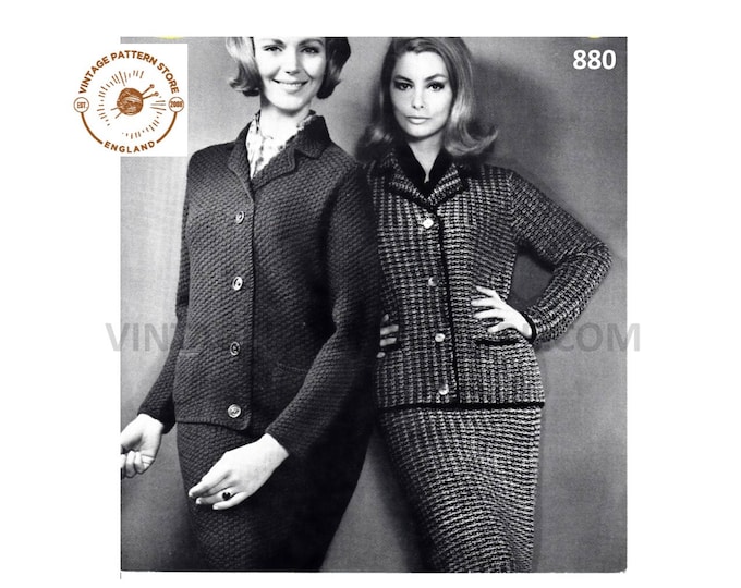 Ladies Womens 60s vintage DK suit with V neck collared textured raglan jacket & skirt pdf knitting pattern 34" to 40" chest PDF download 880