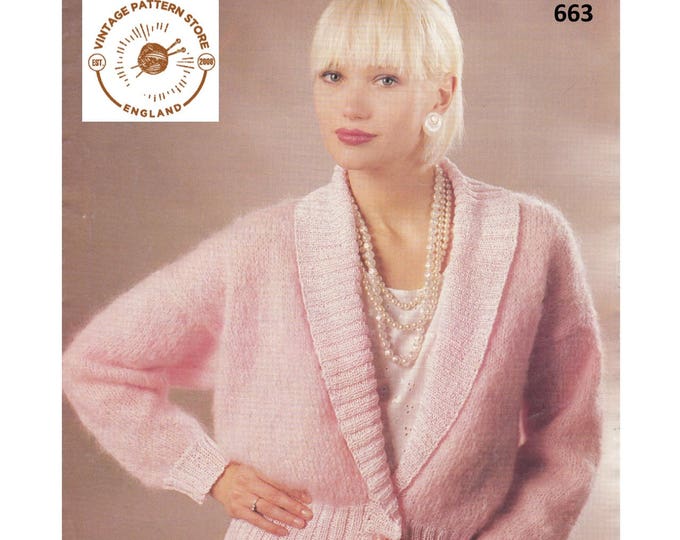 Ladies Womens 90s drop shoulder rib ribbed shawl collar mohair dolman cardigan jacket pdf knitting pattern 32" to 38" chest Download 663