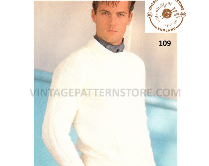 Mens Mans 90s crew neck cabled and textured raglan DK sweater jumper knitting pattern 34" to 44" chest Instant PDF Download 826