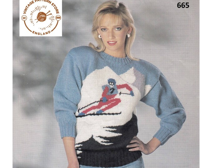 Ladies Womens 90s round neck ski skier intarsia drop shoulder DK dolman sweater jumper pdf knitting pattern 32" to 42" chest Download 665
