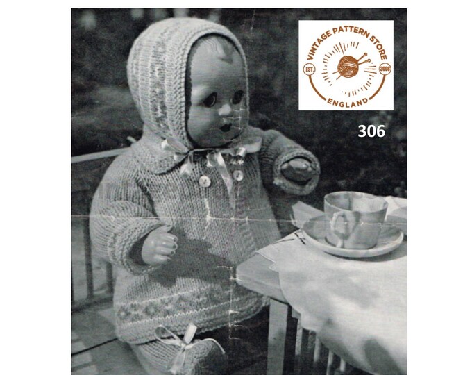 30s vintage 14" 3 ply baby dolls clothes pram set with skirt coat leggings & fair isle sweater jumper pdf knitting pattern PDF Download 306