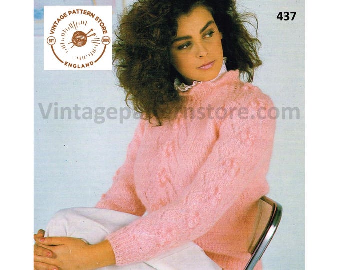 Ladies Womens 80s vintage wavy round neck cabled cable & lace mohair raglan sweater jumper pdf kntting pattern 32" to 40" chest Download 437