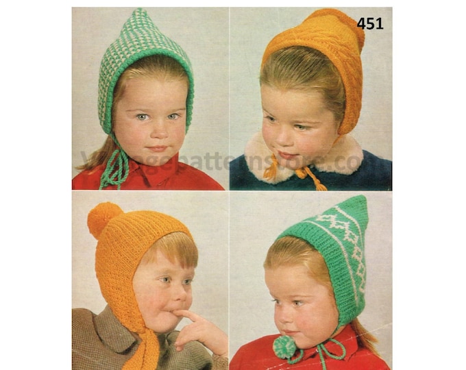 Boys Girls 70s vintage easy to knit 4 ply elf pixie hat helmet & bonnet pdf knitting pattern Ages 1 to 4 years Instant PDF download 451