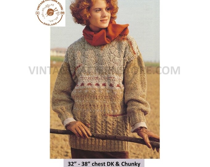 Womens Ladies 80s vintage DK long line cabled cable & lace drop shoulder dolman sweater jumper pdf knitting pattern 32" to 38" Download 3283