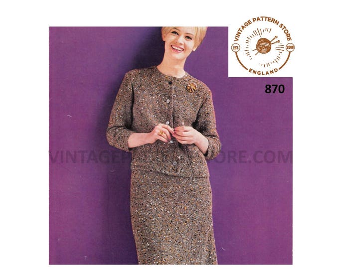 Ladies Womens 60s vintage worsted round neck raglan jacket and knee length skirt pdf knitting pattern 34" to 38" chest Instant download 870