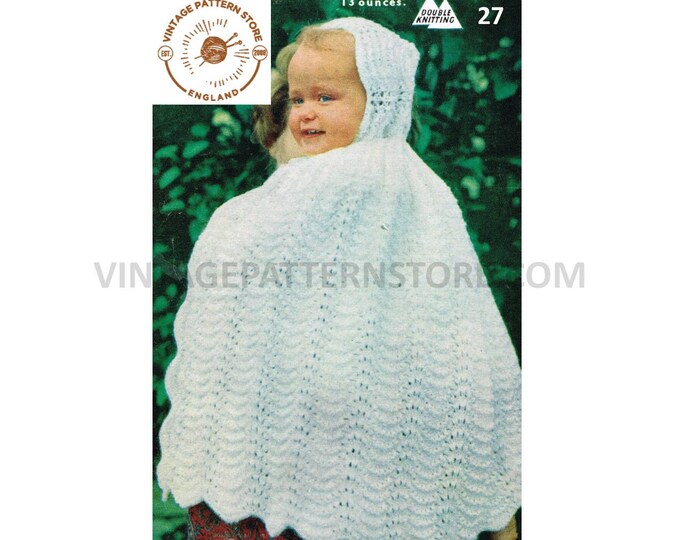 Babies Baby 50s vintage DK lacy scallop lace carrying carry cape shawl with hood pdf knitting pattern ages 3 to 12 months PDF Download 27