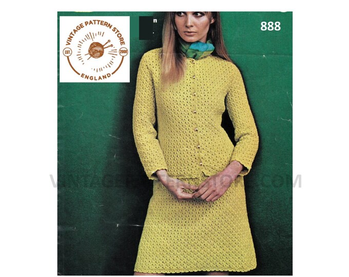 Ladies Womens 60s vintage round neck lacy picot edge raglan cardigan jacket and skirt pdf knitting pattern 34" to 38" chest PDF download 888