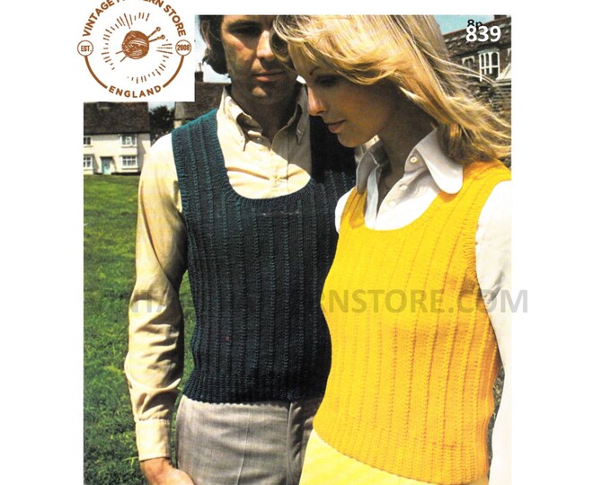 Ladies Womens Mens 70s vintage scoop neck 4 ply rib ribbed slipover tank top sweater vest pdf knitting pattern 32" to 42" chest Download 839