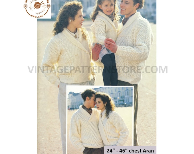 Ladies Womens Mens Boys Girls 90s shawl collar cabled double breasted aran jacket & sweater pdf knitting pattern 24" to 46" Download 3185