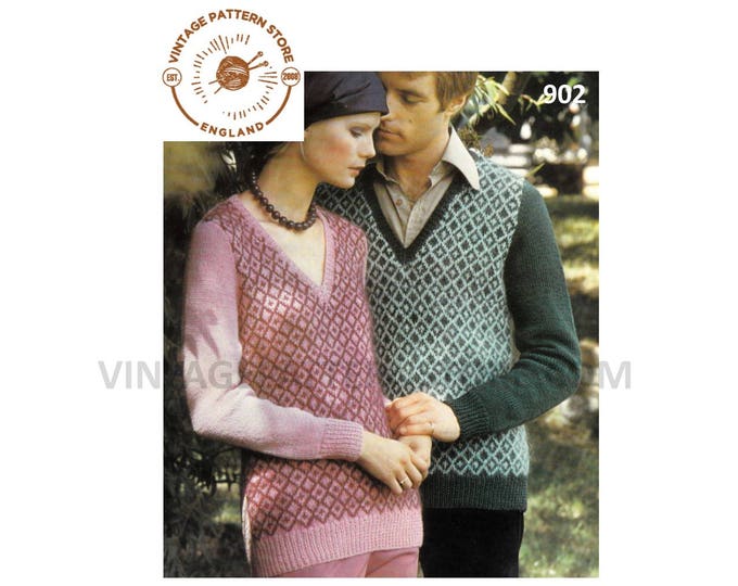 Ladies Womens Mens Mans 70s vintage DK V neck fair isle raglan sweater jumper pdf knitting pattern 32" to 42" Instant PDF download 902