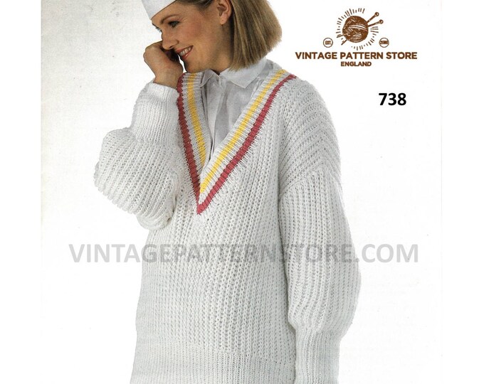 Ladies Womens 90s easy to knit V neck slouchy drop shoulder dolman DK sweater jumper pdf knitting pattern 30" to 38" chest PDF download 738