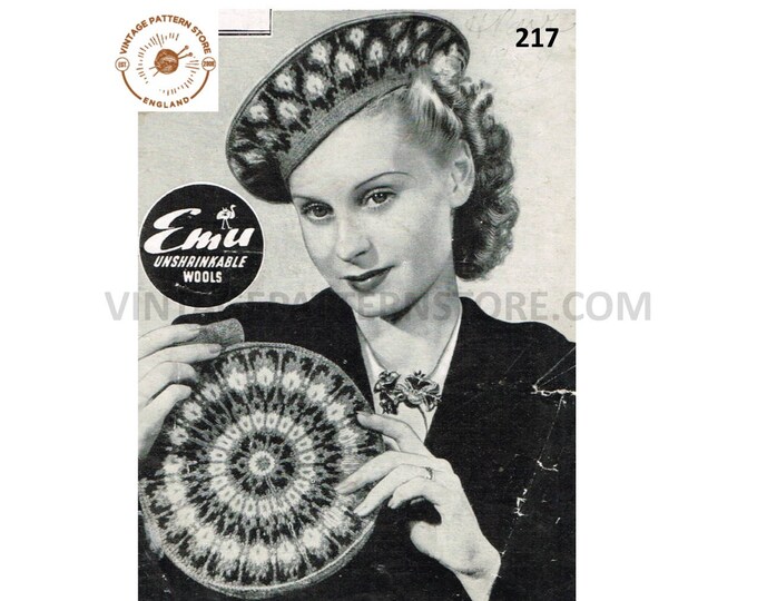 Ladies Womens 40s vintage 3 ply fair isle beret hat and circular round evening bag pdf knitting pattern 11" diameter hat PDF download 217