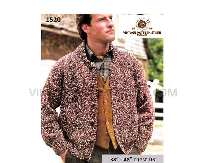 Mans Mens 90s easy to knit crew neck drop shoulder DK dolman cardigan jacket pdf knitting pattern 38" to 48" chest Instant PDF download 1520