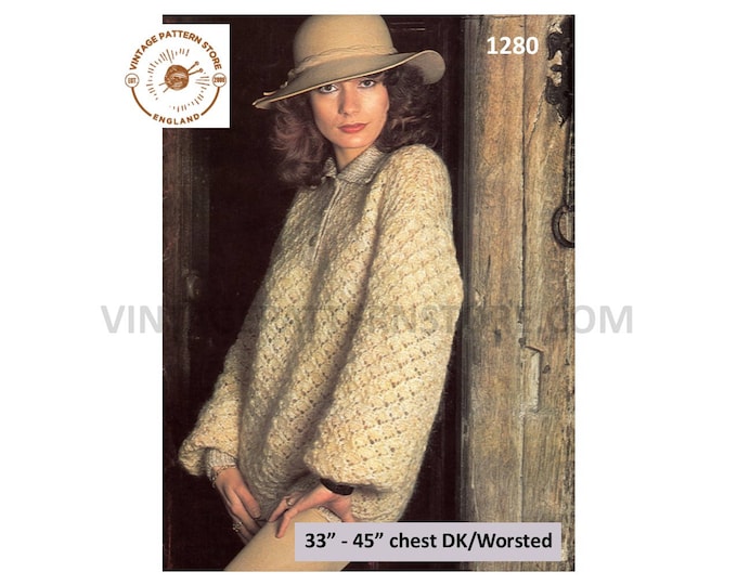 Ladies Womens 70s vintage DK or worsted shirt neck collared lacy drop shoulder dolman sweater pdf knitting pattern 33" to 45" Download 1280