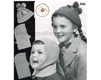 Childrens Girls Boys chunky easy to knit balaclava & bobble hat pdf knitting pattern Ages 2 to 14 years Instant PDF download 446