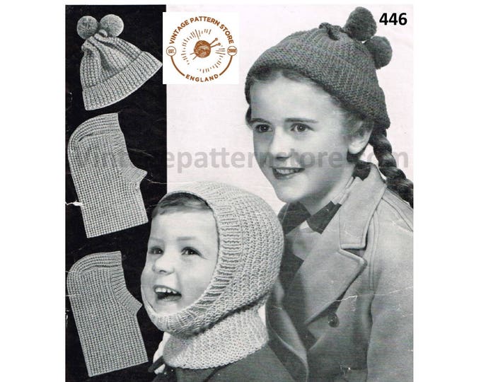 Childrens Girls Boys chunky easy to knit balaclava & bobble hat pdf knitting pattern Ages 2 to 14 years Instant PDF download 446