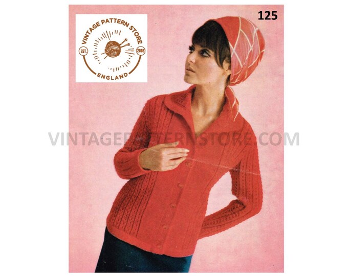 Ladies Womens 80s vintage V neck collared cable panel cabled raglan DK cardigan pdf knitting pattern 34" to 40" chest Instant Download 125