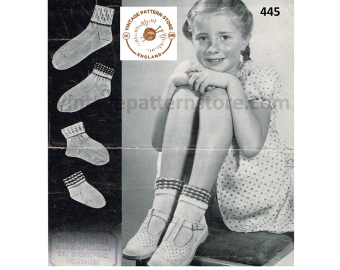 Girls 30s vintage 3 ply fair isle and cabled cable top ankle socks pdf knitting pattern 4 designs Ages 3 to 12 years Instant Download 445