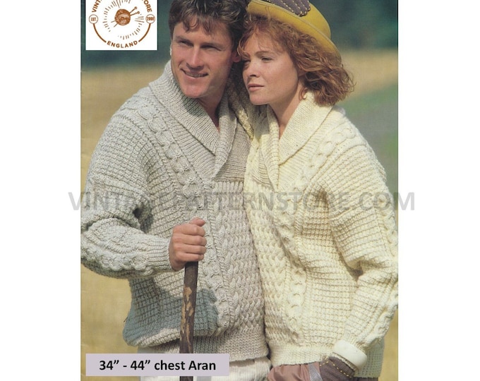 Womens Mens 80s shawl collar cable cabled drop shoulder textured dolman aran sweater jumper pdf knitting pattern 34" to 44" download 3202