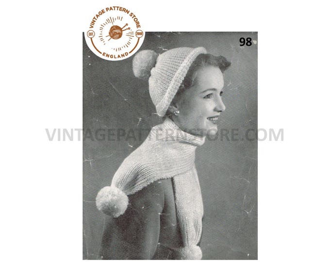 Ladies Womens 60s vintage DK and 3 ply jelly bag beret and pom pom hat and scarf pdf knitting pattern adult size Instant PDF Download 98