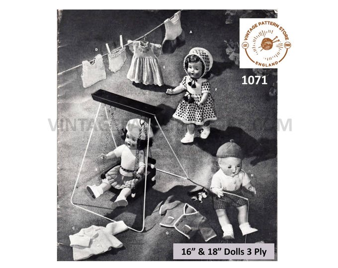 50s vintage 16" 18" 3 ply Baby doll clothes pdf knitting pattern 13 items to knit Instant PDF download 1071