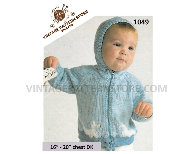 Baby Babies Toddlers 80s vintage DK duck intarsia hooded zipped zip up raglan jacket cardigan pdf knitting pattern 16" to 20" Download 1049