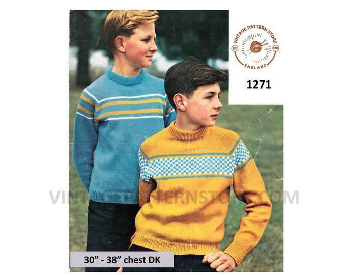 Boys 70s vintage DK crew neck fair isle banded & striped raglan sweater jumper pullover pdf knitting pattern 30" to 38" PDF download 1271