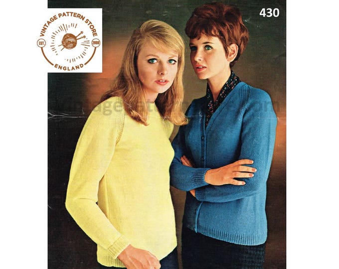 Ladies Womens 70s vintage plain and simple easy to knit 4 ply raglan sweater & cardigan pdf knitting pattern 34" to 40" chest download 430